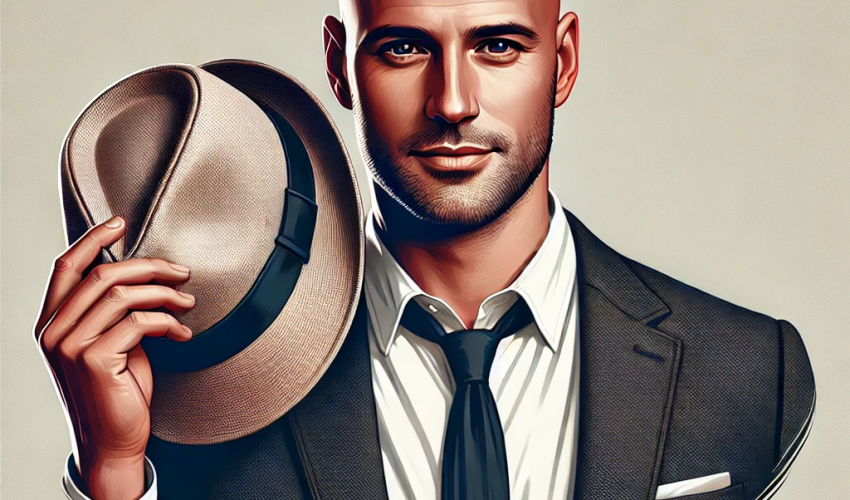 薄毛の男性が帽子を持っているイラスト